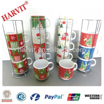 Bulk Christmas Mug with Iron Stand, Stackable Ceramic Coffee Mugs